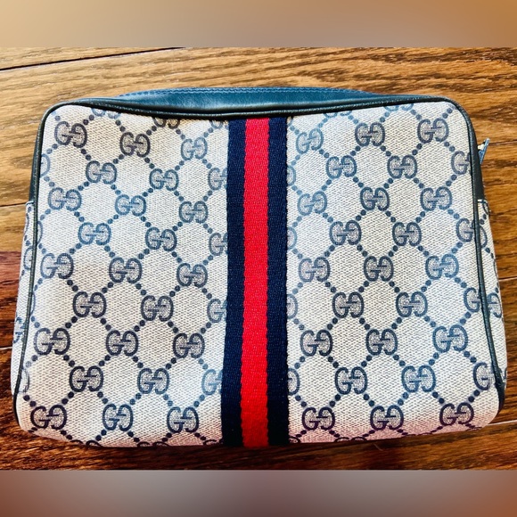 Authentic GUCCI GG Canvas Sherry Line Clutch Bag Gray Red Navy 010 378 - Picture 1 of 13